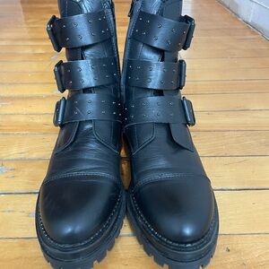 Leather Black Studded Buckle Boots